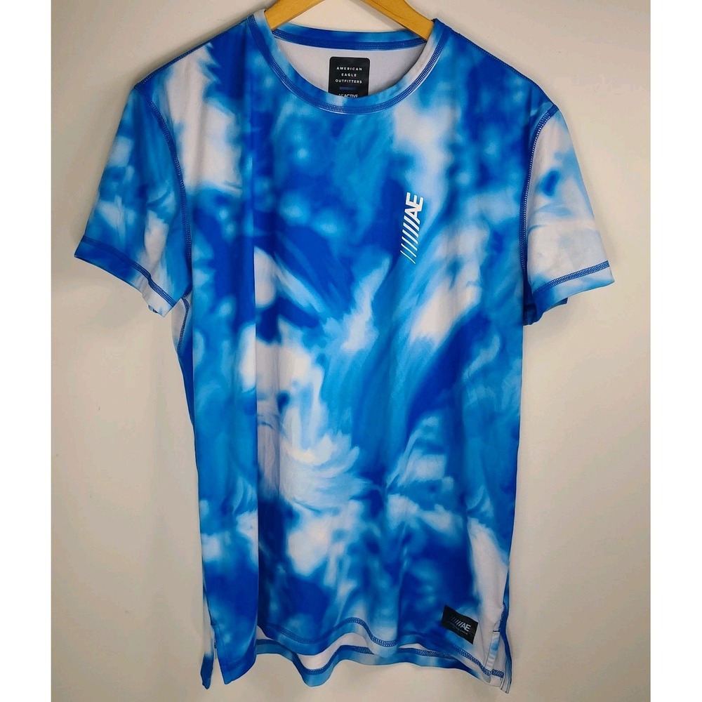 American Eagle Bible Verse Graphic Tie-Dye Shirt Size L Blue/White Active Flex